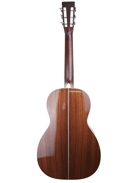 The wooden back of a Martin 0-28VS acoustic guitar, highlighting its craftsmanship and design, made in the USA in 2011.