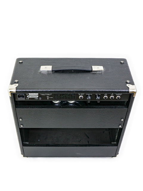 Top rear perspective of Brunetti Maranello Black Top 1x12” Combo amplifier showcasing compact design and ventilation – Italy 2016.