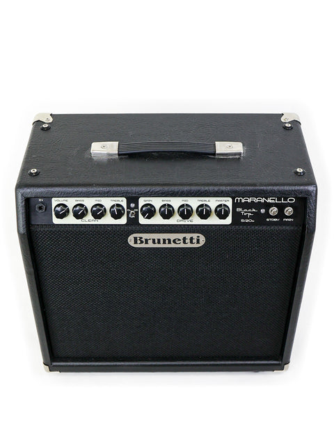 Top view of Brunetti Maranello Black Top 1x12” Combo amplifier highlighting the neatly aligned control panel and durable black casing – Italy 2016.