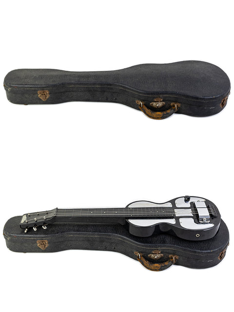 Two classic Rickenbacher Electro B-6 lap steel guitars from the 1930s resting in a case, displayed on a white background.