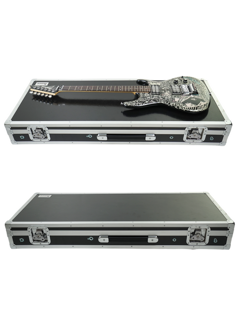 Two guitar cases support a black and white guitar, highlighting the Ibanez Limited Edition Joe Satriani Black Dog, Japan 2008.
