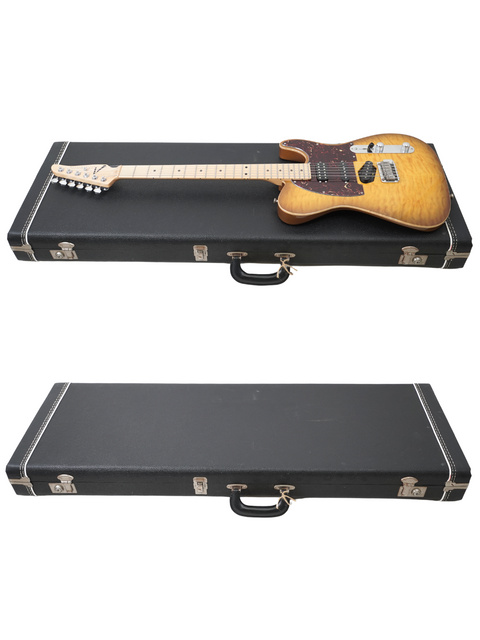 Two guitars on a black case, including a 2005 Tom Anderson Hollow T Classic, ready for a jam session.