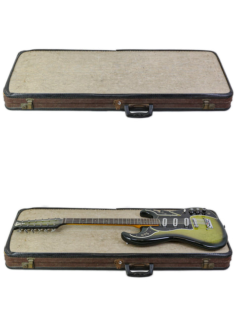 Two guitars, one a 1964 Burns Double Six 12-string, resting in a case with a simple white background.