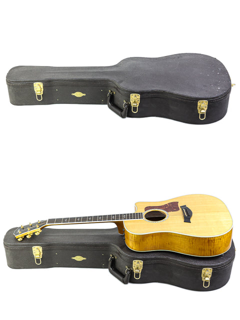 Two guitars with cases displayed on a white surface, highlighting a 2003 Taylor 610CE from the USA.
