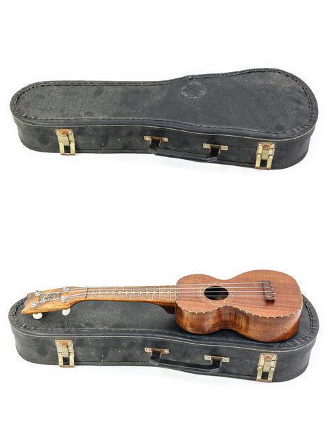 Two pictures displaying a Kumalae ukulele from the 1920s, securely placed in its case, reflecting Hawaiian musical heritage.