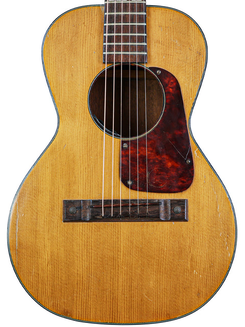 Vintage 1940s Gibson J-45 guitar in natural finish, displayed with its original case, alongside a 1966-68 Kay K113 Parlour guitar.