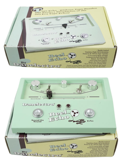 Vintage Danelectro Reel Echo effect pedal on its original packaging box.