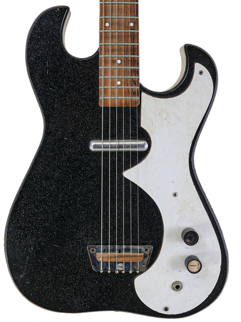 Vintage Harmony Silvertone 1448 electric guitar in black and white, featuring a white pickguard, from the mid-1960s.
