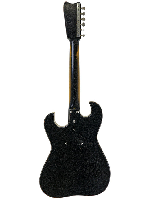 Vintage Harmony Silvertone 1448 guitar with a wooden body and neck, featuring a black finish and 'Amp-in-Case' design.
