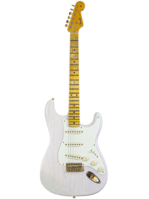 White electric guitar with a maple neck on a white background.