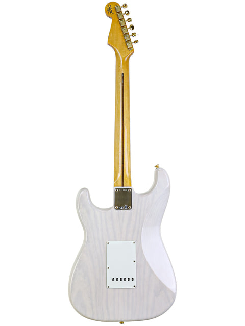 White electric guitar with natural wood neck and six tuning pegs, isolated on a white background.