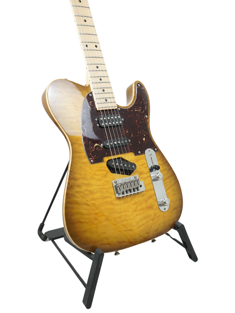 Yellow-bodied Tom Anderson Hollow T Classic guitar displayed on a black stand, a stunning piece from 2005.
