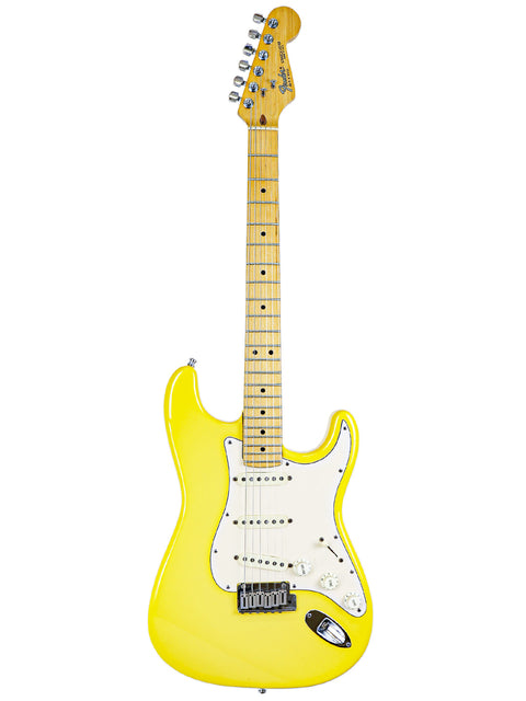 Yellow electric guitar with a maple neck isolated on a white background.