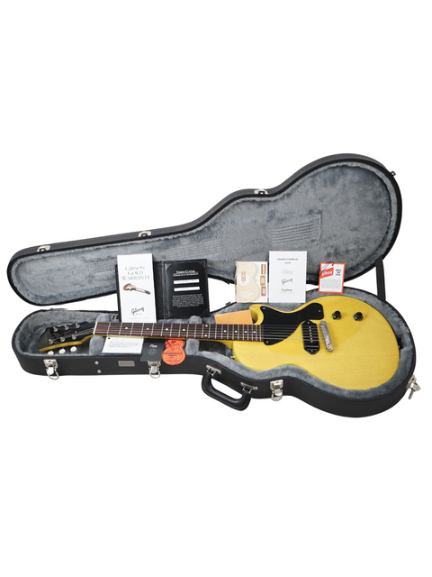 Yellow guitar case showcasing a Gibson Custom Les Paul Jr. TV Yellow, emphasizing its eye-catching color and style.