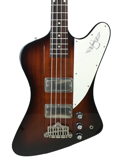 stylish brown guitar with a white pickguard, reflecting the vintage charm of the 1988 Orville Thunderbird Bass from Japan.