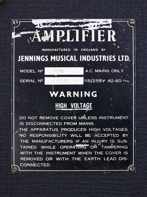 1968 VOX AC50 MKII amplifier featuring a warning sign, showcasing its vintage design and cautionary message.