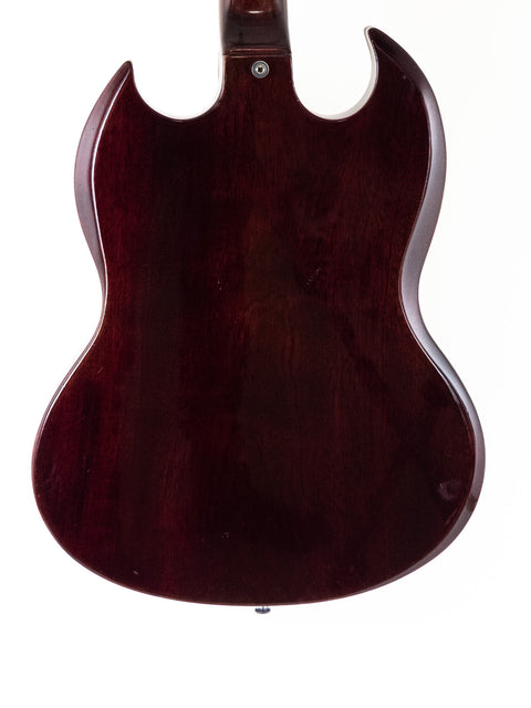 1972 Gibson SG Pro guitar with a rich dark brown body and sleek black pickguard, a true vintage instrument.