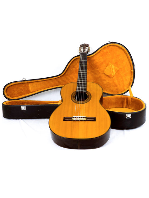 A 1976 Nakade Master 30 Grand Concert Guitar and its case set on a plain white background.