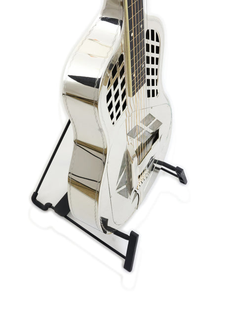 A National Tricone Style 1.5 Squareneck guitar from 1932 on a metal stand, showcased on a white background.