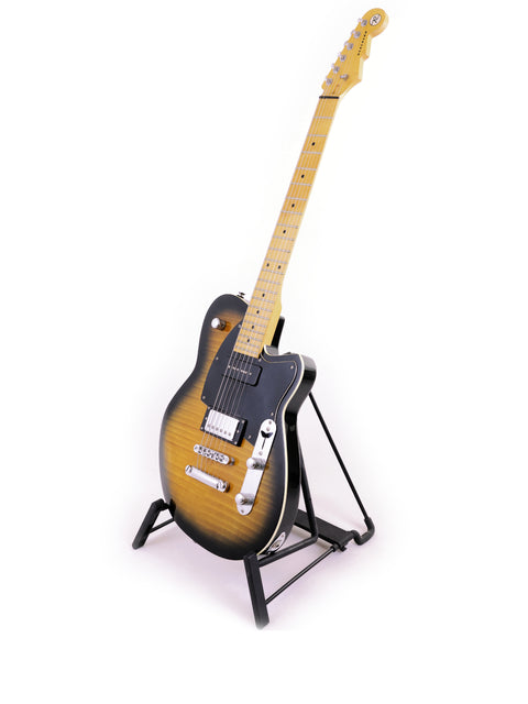 A Reverend Double Agent guitar rests on a stand, featuring a minimalist white background that emphasizes its stylish look.