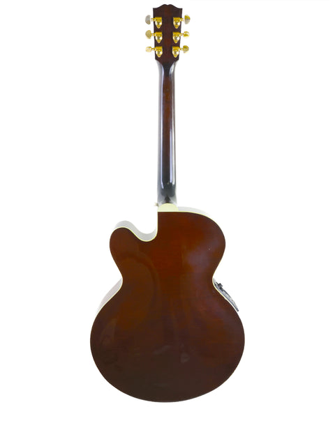 A brown Gibson J-180EC guitar from 2001, set against a clean white background, showcasing its elegant design.