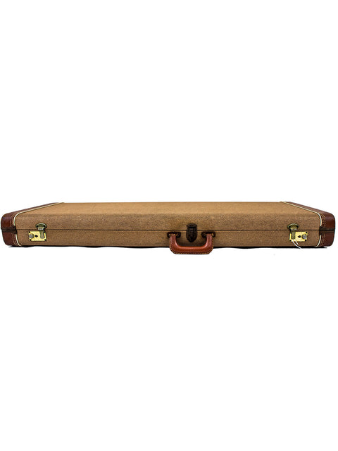 A classic suitcase with a brown handle, evoking the style of the 1960 Fender Jazzmaster guitar.