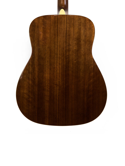 A close-up of the back of a Yamaha FG 720 SL Left-Handed acoustic guitar, crafted in Japan in 2012, featuring elegant wood details.
