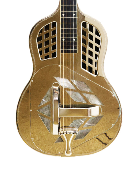 A gold National Tricone guitar with a bold black and white design, crafted in 1932, showcasing its unique squareneck style.
