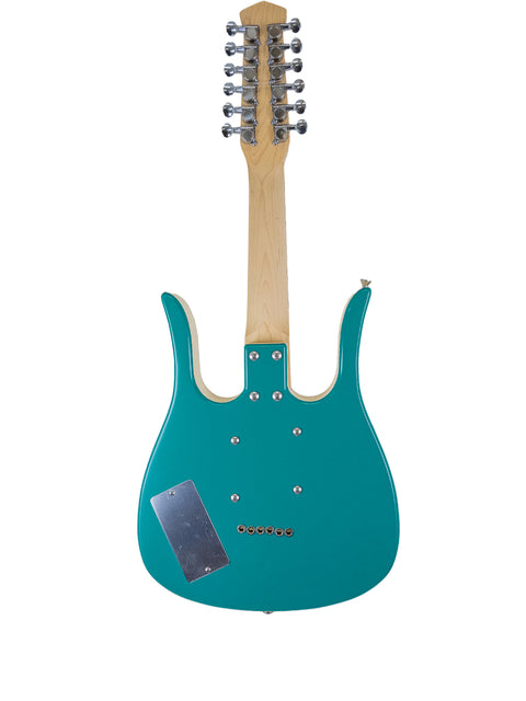 A green electric guitar featuring a metal plate, specifically a Jerry Jones Neptune Shorty Octave 12-string from 2005.