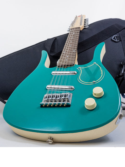 A green electric guitar in its case, the Jerry Jones Neptune Shorty Octave 12-String, crafted in the USA in 2005.