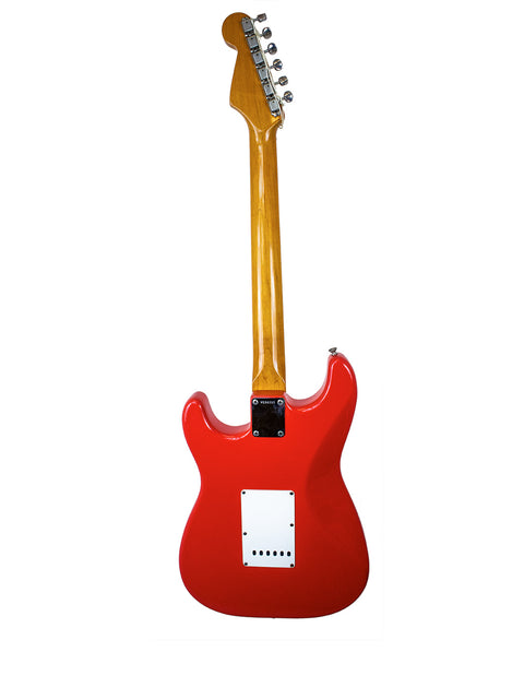 A red electric guitar with a white body and wooden neck, showcasing the Fender American Vintage 62 Strat from 1996.
