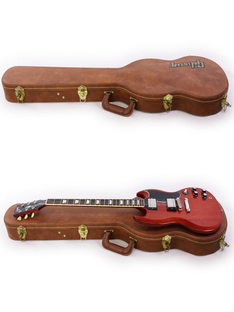 A red guitar case holds two guitars, including a Gibson SG Standard ‘61 from 2019, highlighting their elegant shapes.
