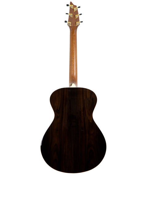 A sleek black acoustic guitar on a white backdrop, featuring the limited edition Breedlove Journey Concert Ltd Sitka/Brazilian #22 of 50.