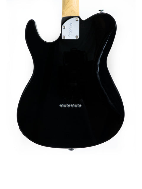 A sleek black electric guitar on a white backdrop, featuring the FGN Fujigen J Standard Iliad Tele Style from 2015, Japan.