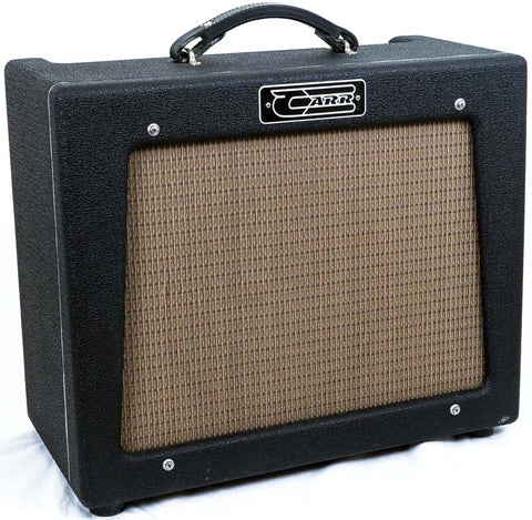 A sleek black guitar amplifier featuring a brown cover, identified as the Carr Rambler Combo Amp from the USA, 2008 model.