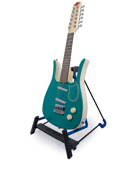  A striking blue Jerry Jones Neptune Shorty Octave 12-string electric guitar resting on a stand, highlighting its craftsmanship.
