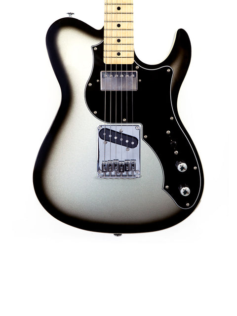 A stylish black and silver guitar on a white backdrop, highlighting the FGN Fujigen J Standard Iliad model from Japan, 2015.