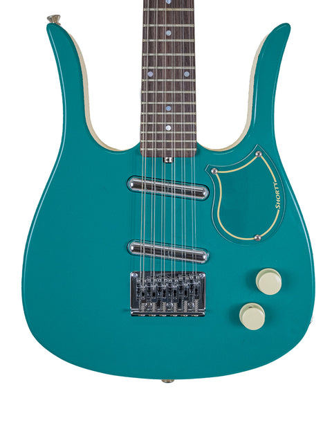A teal electric guitar with a white pickguard, showcasing the Jerry Jones Neptune Shorty Octave 12-string model from 2005.