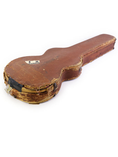 A vintage Lifton 50s Gibson guitar case featuring a damaged top, highlighting its age and character.