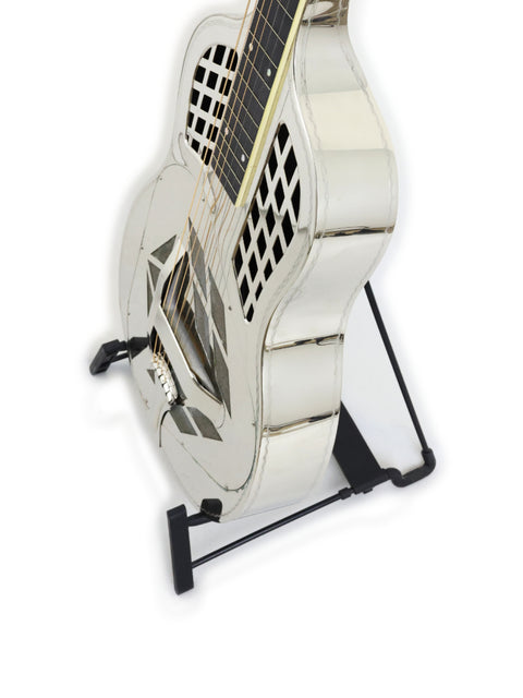 A vintage silver National Tricone guitar on a stand, set against a bright white background.