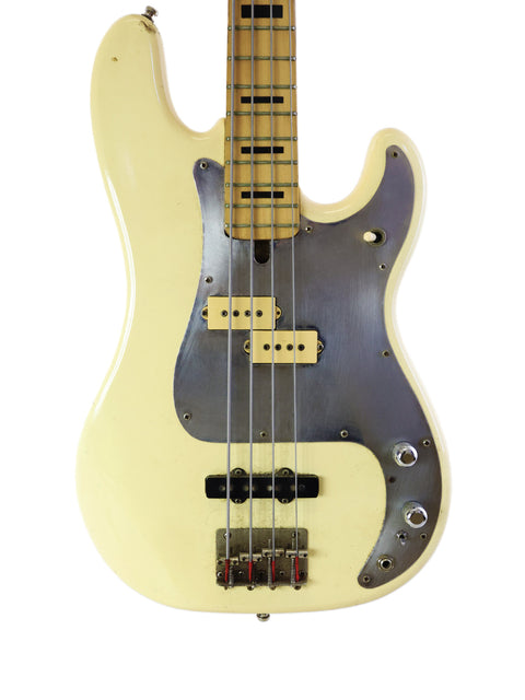 A white Ibanez Silver Series P/J bass guitar from 1978 featuring a black pickup, showcasing its vintage design and craftsmanship.
