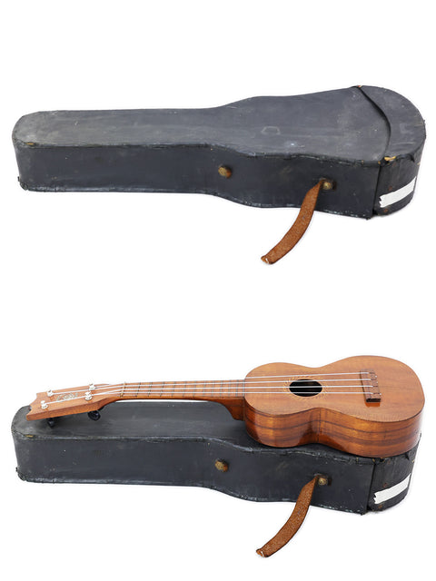 Aloha/Akai Style 2 Concert Ukulele with its vintage hard case, showing a perfect combination of instrument and protective accessory from Hawaii's 1930s era.