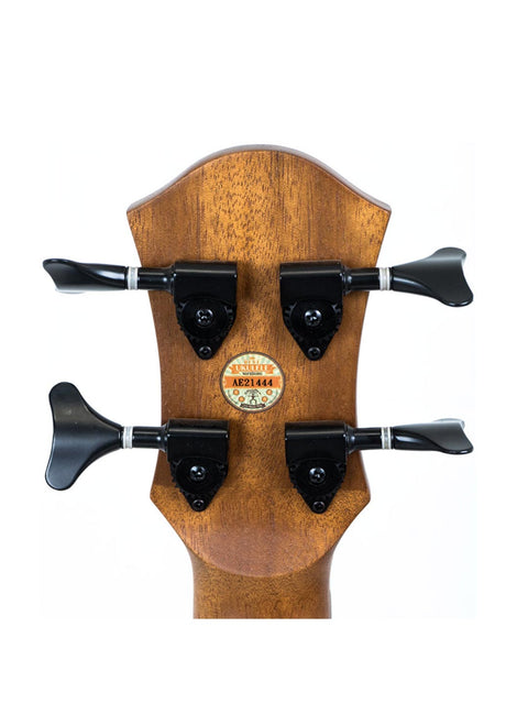 Back of the headstock on aNueNue Im Bass Koa Bass Ukulele with tuning peg details and serial number.