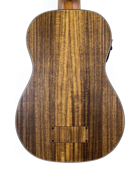 Back view of aNueNue Im Bass Koa Bass Ukulele showcasing the beautiful koa wood grain.