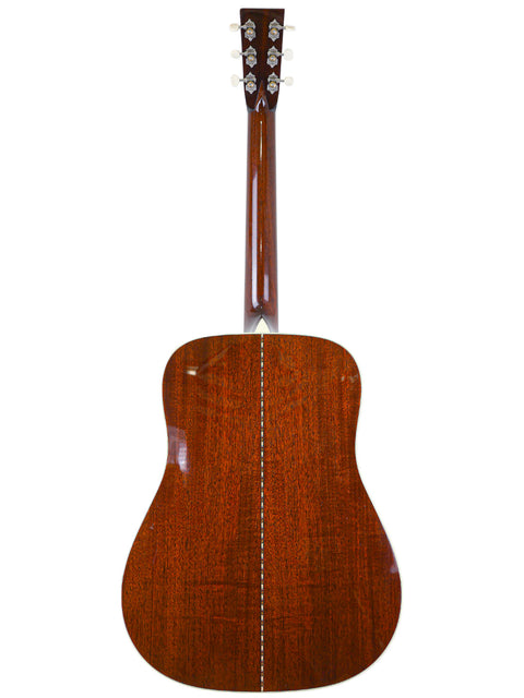 Back view of a brown acoustic guitar isolated on a white background.