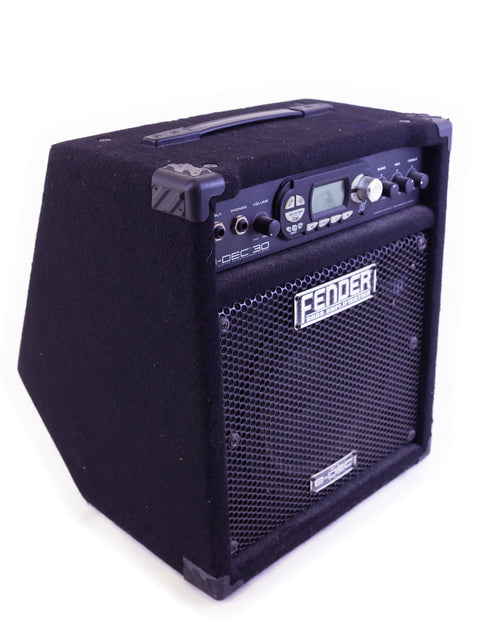 Black Fender guitar amplifier on a white background.