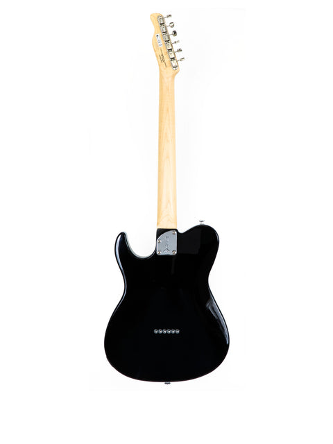 Black electric guitar featuring a wooden body, FGN Fujigen J Standard Iliad, Tele style, crafted in Japan, 2015.