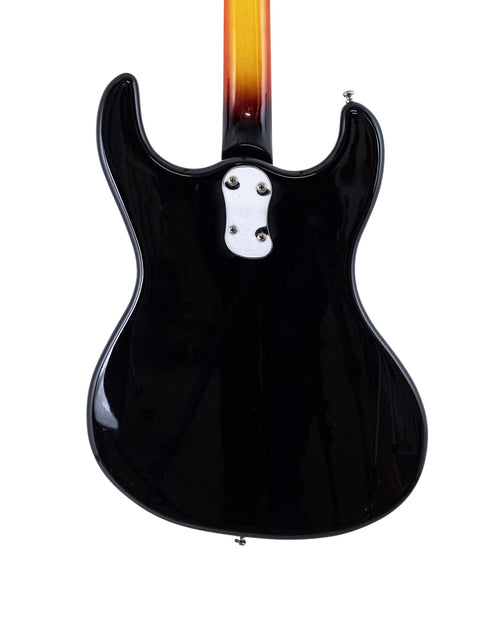 Black electric guitar with a yellow sunburst finish, representing the 1990s Mosrite Of California – The Ventures Model.