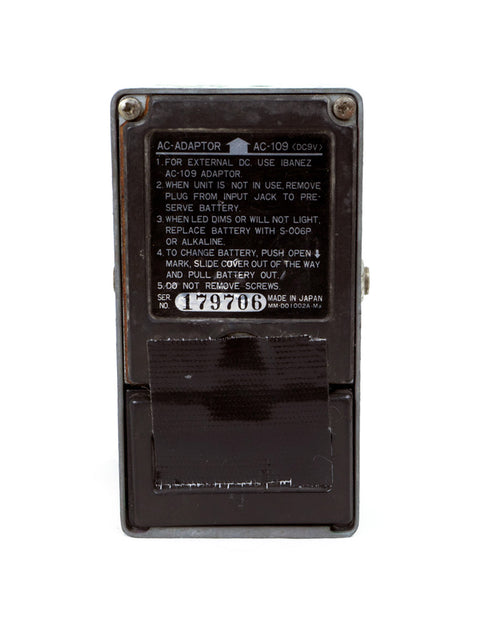 Black electronic device labeled Ibanez TS-808, a vintage model from Japan, dating back to 1979.