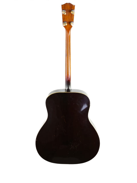 Classic 1934 Gibson TG50 Tenor Guitar in black, showcasing a stunning wooden back and neck. Ideal for musicians and enthusiasts.
